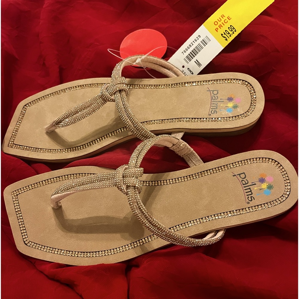 Rhinestone t-strap brand new beige gold sandals NWT